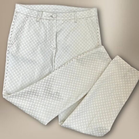 Jennifer Tattanelli Casini Tailored Ankle Pants Cropped Printed White & Gold W 6 - Picture 1 of 15